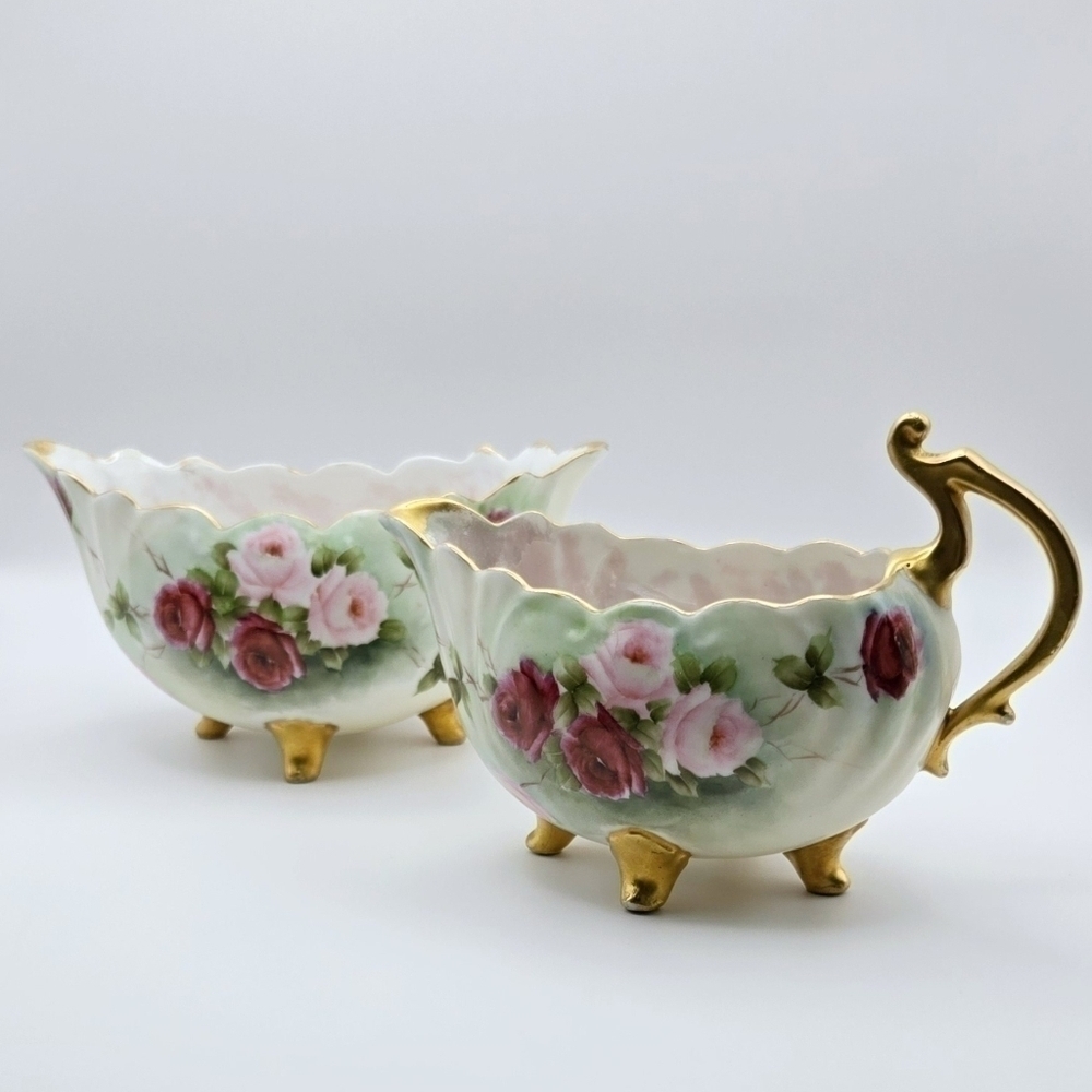 Antique Vienna Austria Hand Painted Creamer & Sugar Footed Gold Gilt